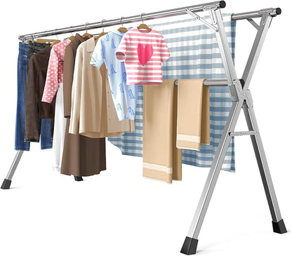 79 Inches Heavy-Duty Stainless Steel Folding Clothes Drying Rack Clothing Indoor Outdoor Anti-Rust 20 Windproof Hooks Portable & Foldable Laundry Rack (79'')