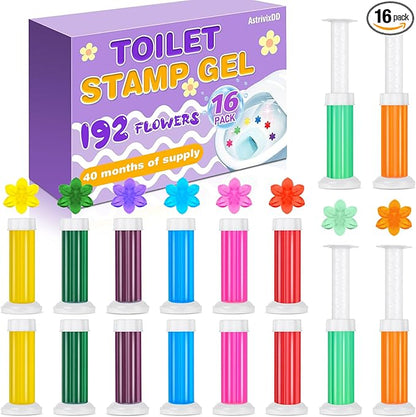 16 Pack Toilet Gel Stamp, 192 Stamps 8 Kinds Of Scent Toilet Bowl Cleaner Gel, Long-Lasting Flowers Shaped Bathroom Freshener, Keeps Toilet Fresh Fragrant and Clean