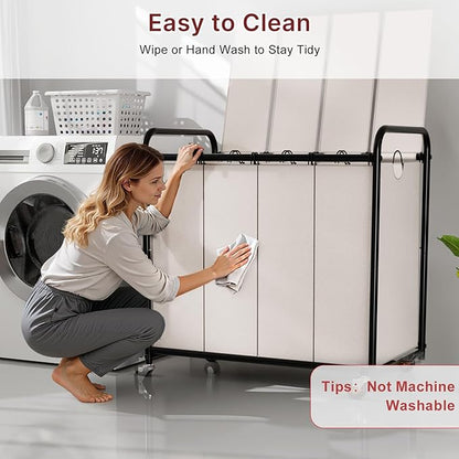 4-Compartment Laundry Cart with Lockable Wheels & Lid 180L Large Wheeled Laundry Basket Heavy-Duty Sorting Organizer for Laundry Room (White)