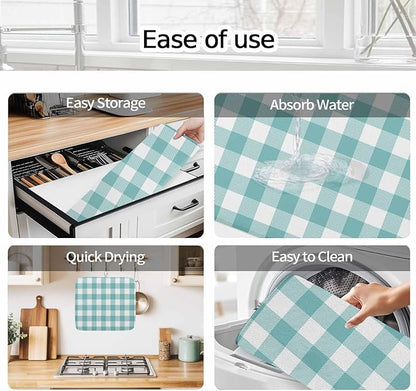 Dish Drying Mat Teal Green White Check Plaid Drying Mats for Kitchen Counter Farmhouse Style Absorbent Microfiber Dish Drainer Quick Drying Coffee Mat with Hanging Loop, 18 x24 inch