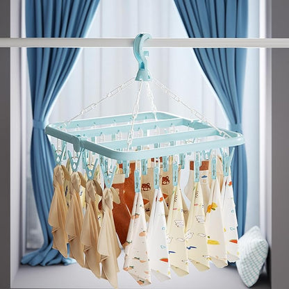 Clothes Drying Rack with 32 Clips, Foldable Hanging Rack, 360° Rotatable Hook for Drying Socks Baby Clothes Towels Gloves(Light Blue)