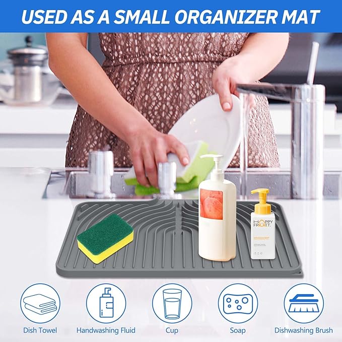 Silicone Sponge Holder for Kitchen Sink With Drain Spout, Self Draining, Kitchen Soap Tray, Bathroom Organizer, Sink Caddy, Perfect for Dispenser, Scrubber, Bottle, Cup on Counter (Gray, 15×10)