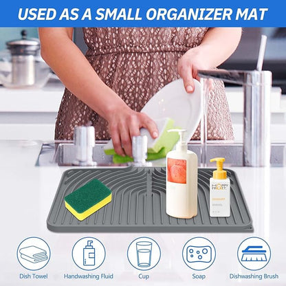Silicone Sponge Holder for Kitchen Sink With Drain Spout, Self Draining, Kitchen Soap Tray, Bathroom Organizer, Sink Caddy, Perfect for Dispenser, Scrubber, Bottle, Cup on Counter (Gray, 15×10)