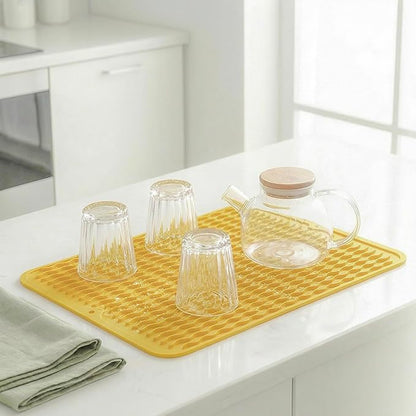 MicoYang Silicone Dish Drying Mat for Multiple Usage,Easy clean,Eco-friendly,Heat-resistant Silicone Mat for Kitchen Counter or Sink,Refrigerator or drawer liner Yellow L 16 inches x 12 inches