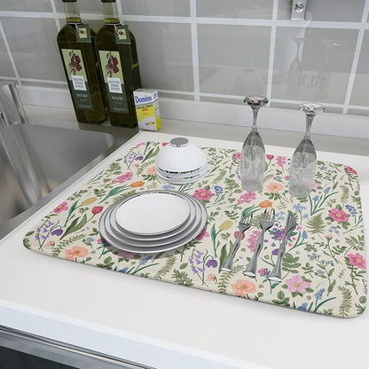 Spring Floral Dish Drying Mat for Kitchen Counter 18x24 Pink Sage Green Flower Vintage Botanical Print Absorbent Reversible Microfiber Drying Mats Kitchen Countertop Protector Dishes Drainer Rack Pad