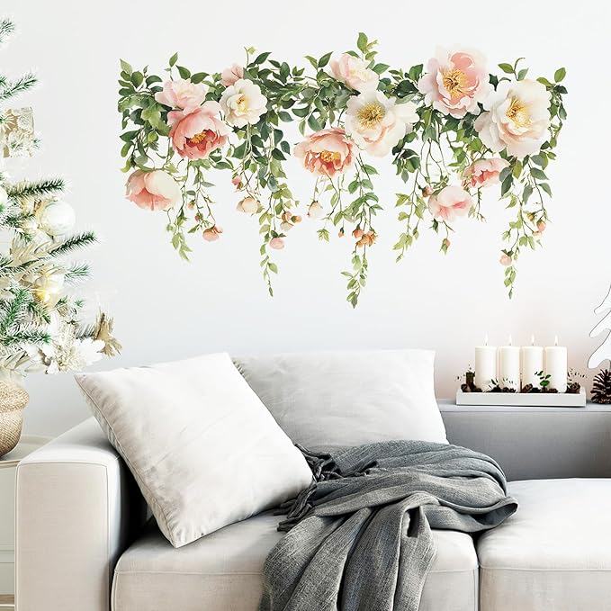 Flower Wall Stickers Vinyl Wall Decals Peel and Stick Rose Wall Murals Art Decor Wallpaper for Girls Bedroom Living Room Kitchen Tv Background