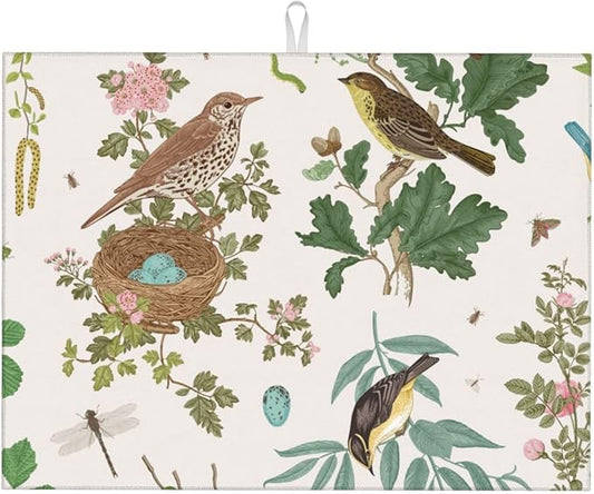Large Dish Drying Mats For Kitchen Counter Microfiber Kitchen Drying Mat XL Draining Pad Absorbent Quick Drying Dish Mat 18x24 Inch - Garden Birds