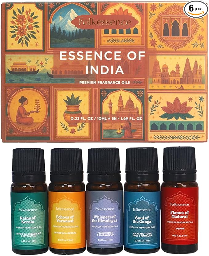 Folkulture Essence of India Essential Oils Set for Diffuser | Set of 5 Fragrance Oils for Aromatherapy | Frankincense, Jasmine, Cedarwood | Home Fragrance Gift | Gift for Her