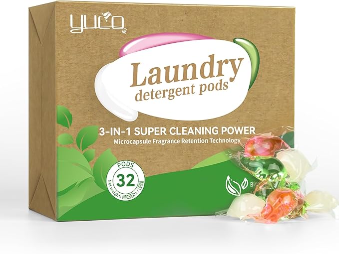YUCO Pods Laundry Detergent Hypoallergenic, 3IN1 Super Cleaning Power, Microcapsule Fragrance Retention Technology (Forest Scent,1 Box of 32 Pod,Net 15g/pod,Net 480g)