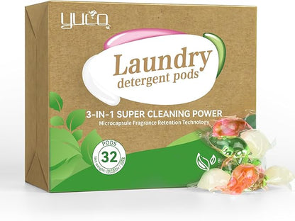 YUCO Pods Laundry Detergent Hypoallergenic, 3IN1 Super Cleaning Power, Microcapsule Fragrance Retention Technology (Forest Scent,1 Box of 32 Pod,Net 15g/pod,Net 480g)