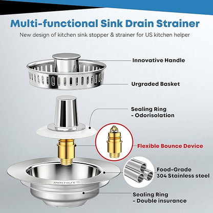 Upgraded 3 in 1 Kitchen Sink Drain Strainer - Stainless Steel Sink Stopper, Anti-Clogging Sink Food Catcher Basket, Fast Drainage Odor Filter Sink Plug for US Standard 3 1/2 inch Drain (Silver-1Pack)