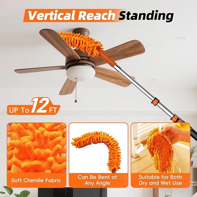 DALTACK 20 Foot High Dusters Kit for Cleaning with 3-12 Foot Heavy Duty Extension Pole, Extendable Reusable Cobweb, Feather, Ceiling Fan Cleaner Duster, Window Squeegee Kit