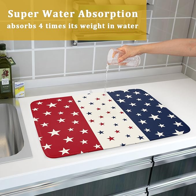 Blue Red White Star July of 4th Patriotic Dish Drying Mat for Kitchen Counter 18x24 Independence Day Absorbent Reversible Microfiber Drying Mats Kitchen Countertop Protector Dishes Drainer Rack Pad