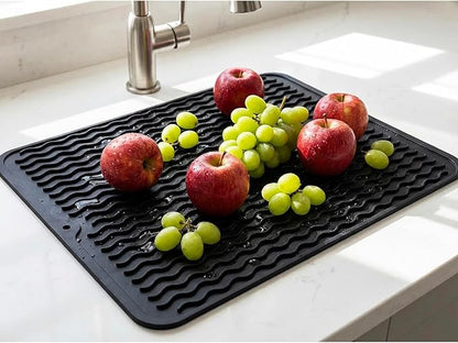 MicoYang Silicone Dish Drying Mat for Multiple Usage,Easy clean,Eco-friendly,Heat-resistant Silicone Mat for Kitchen Counter or Sink,Refrigerator or drawer liner Black L 16 inches x 12 inches