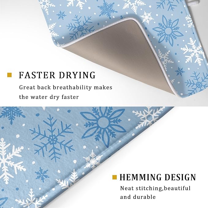 Winter Dish Drying Mat for Kitchen Counter 18x24 Blue White Snowflake Holiday Theme Seasonal Absorbent Reversible Microfiber Drying Mats Kitchen Countertop Protector Dishes Drainer Pad