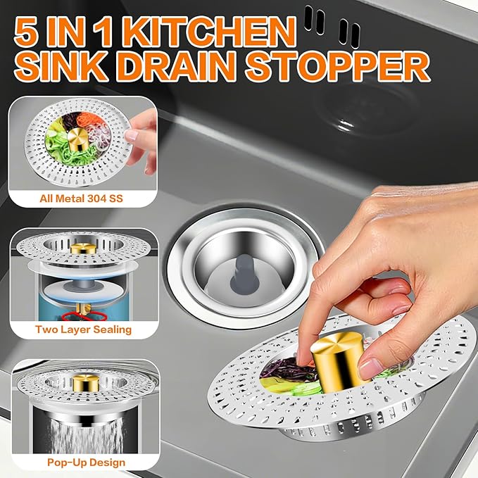 Kitchen Sink Drain Strainer, 18/8 Stainless Steel, Sink Stopper Kitchen Drain