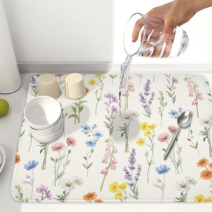 Spring Floral Dish Drying Mat for Kitchen Counter 18 x 24 Inch Colorful Flowers Dish Drainer Mat Absorbent Microfiber Dish Rack Pad for Summer Holiday Coffee Dining Bar Decor