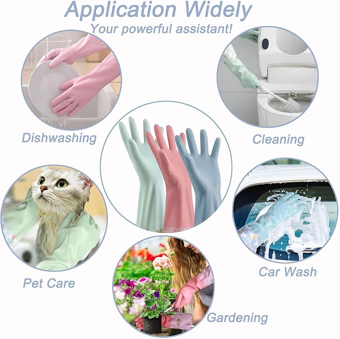 3PCS Dishwashing Cleaning Gloves with Cotton Flocked Liner, Reusable Latex Free Waterproof Long Cuff Kitchen Glove for Laundry, Cleaning, Working, Gardening(Pink+Green+Blue)