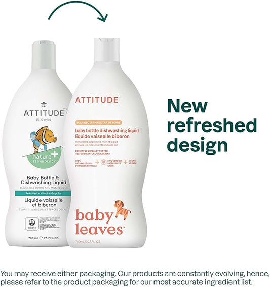 ATTITUDE Baby Bottle & Dish Soap, EWG Verified Bottle Cleaner, Dye Free, Removes Milk Residue & Grease, Vegan, Pear Nectar, 23.7 Fl Oz