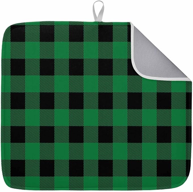 Dish Drying Mat Green Black Check Plaid Drying Mats for Kitchen Counter Farmhouse Style Absorbent Microfiber Dish Drainer Quick Drying Coffee Mat with Hanging Loop, 18 x24 inch