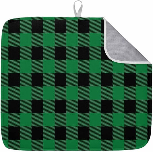 Dish Drying Mat Green Black Check Plaid Drying Mats for Kitchen Counter Farmhouse Style Absorbent Microfiber Dish Drainer Quick Drying Coffee Mat with Hanging Loop, 16 x18 inch