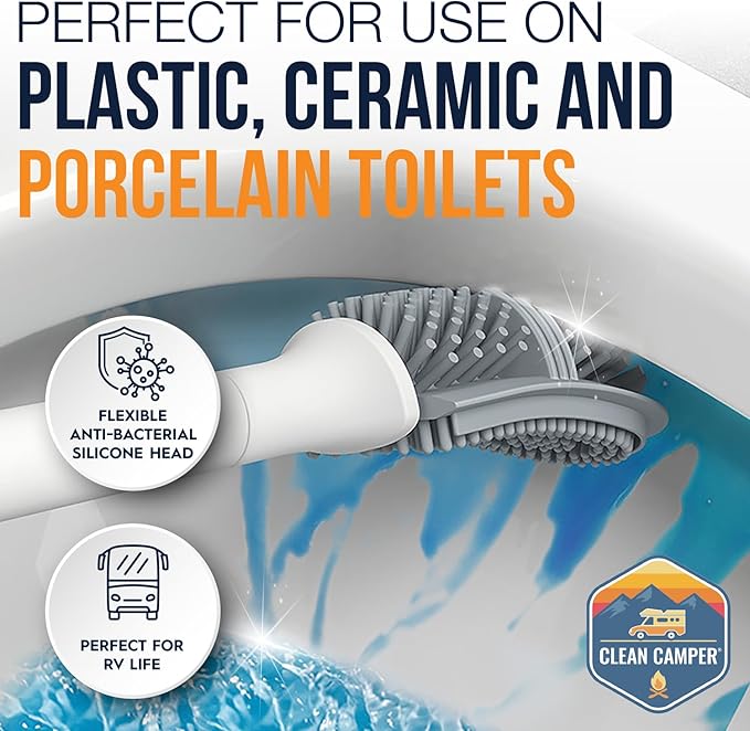 RV Toilet Brush by Clean Camper – Wall-Mounted Set, Silicone, Scratch-Free Dual-Sided Head, Quick-Drying Holder, Compact & Durable Set with Strong Adhesive Mount for RV & Camper Toilets