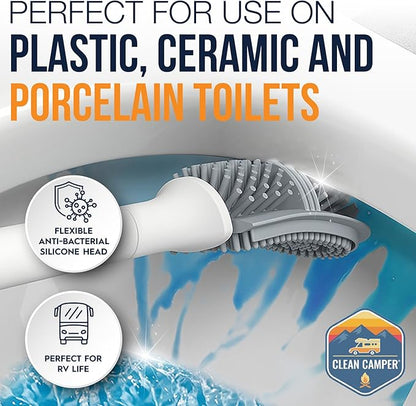 RV Toilet Brush by Clean Camper – Wall-Mounted Set, Silicone, Scratch-Free Dual-Sided Head, Quick-Drying Holder, Compact & Durable Set with Strong Adhesive Mount for RV & Camper Toilets