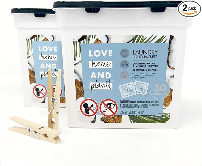 Love Home and Planet Coconut Water & Mimosa Flower Laundry Detergent Packets Similar to Laundry Powder Detergent and Detergent Pods Made with Plant Based Cleanser Comes with Clothespins (2 Pack 30 Count Each)