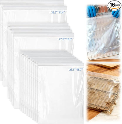 Palksky Oven Rack Cleaning Bags, 3 Sizes Heavy Duty No Scrub Oven Rack Cleaning Bags, Reusable Leak-Resistant PE Bags for Deep Soaking Grill Grates, BBQ Racks, No Cleaner Included, 16 Packs