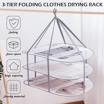3 Tier Folding Mesh Clothes Drying Rack, Stackable Sweater Drying Rack with Internal Fixation, Portable Hanging Laundry Rack for T-Shirt,Swimsuit,Sweater,Delicates (1 Pack)