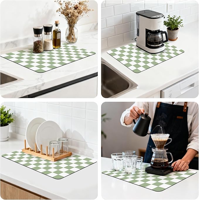 12" x 20" Checkered Dish Drying Mat for Kitchen Counter, Absorbent Coffee Bar Mat for Espresso Machine Coffee Countertops Accessories (Green)