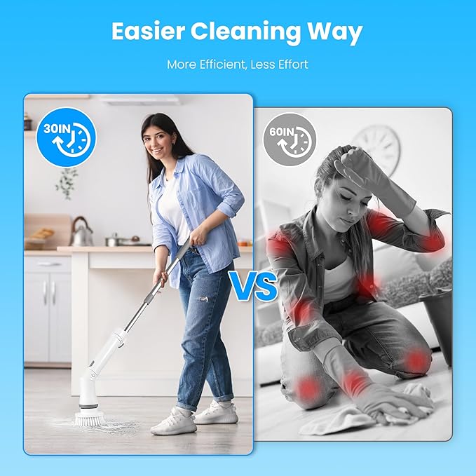 Moclever Electric Spin Scrubber – Cordless, Rechargeable, 400RPM Powerful Cleaning Brush with 6 Replaceable Heads, 2-Speed Adjustment & Extendable Handle for Bathroom, Tile, and Grout