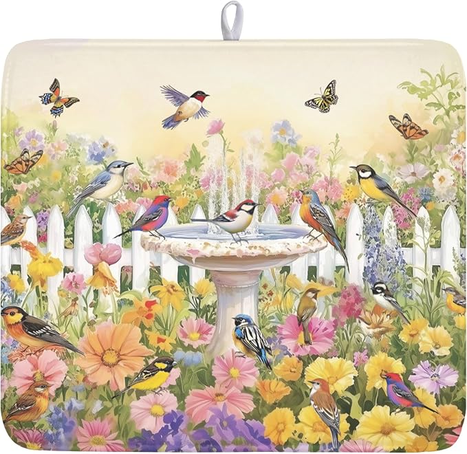 Spring Summer Floral Birds Dish Drying Mat for Kitchen Counter Colorful Garden Pattern Drying Mat 16x18 Inch Rustic Farmhouse Absorbent Dish Drainer Mat Kitchen Accessories