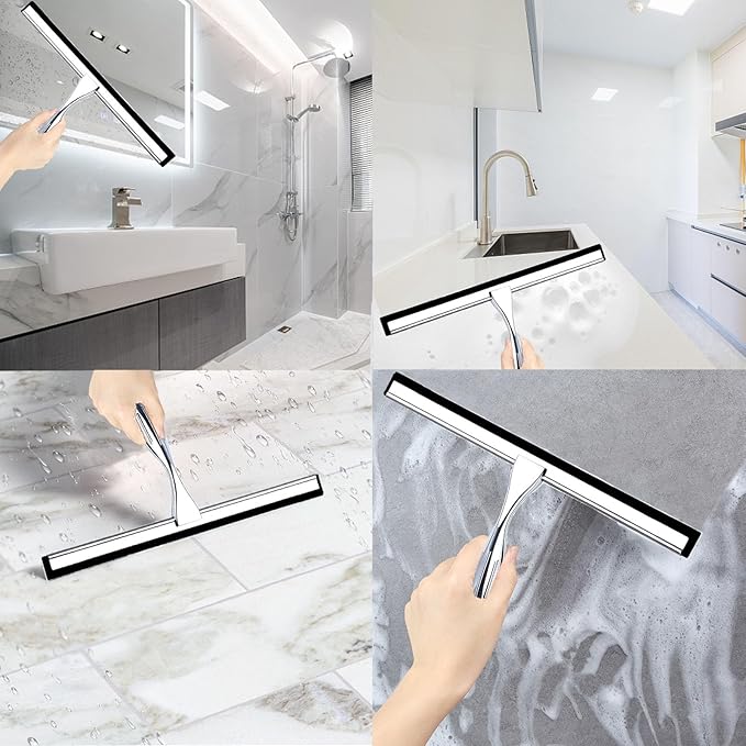 Shower Squeegee, 12 Inch Bathroom Squeegee with Spare Silicone Blade, Shower Door Hook and Adhesive Hook Glass, Stainless Steel Squeegee for Shower Glass Window Bathroom Mirror(12in-Silver-Pack of 1)