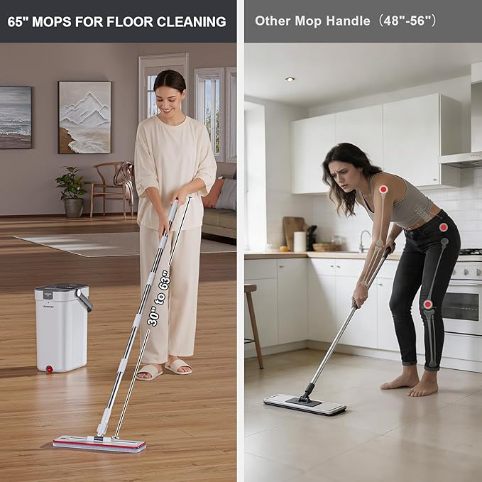 Mop and Bucket Set, Flat Mop and Bucket System with Separate Dirty and Clean Water, 3-Compartment Wall Cleaner Mop, Flat Mops for Floor Cleaning with 8 Microfiber Pads