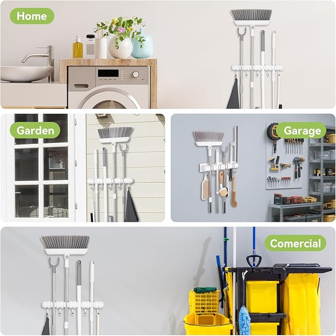OTraki Broom Holder Wall Mount, No Drill Mop and Broom Organizer with 4 Slots and 5 Hooks, Garden Tool Hanger for Laundry Room Closet Kitchen Garage Storage and Organization
