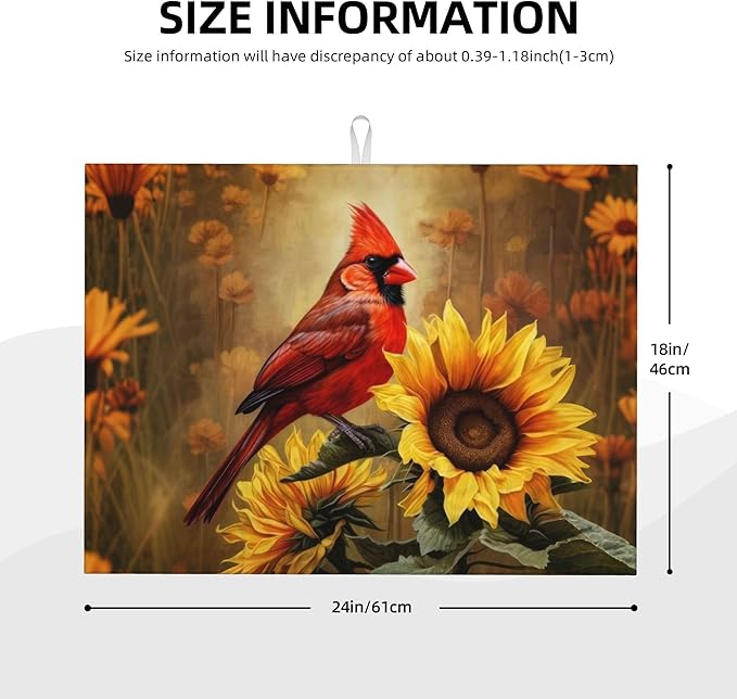 Red Bird Sunflower Dish Drying Mats for Kitchen Counter, Absorbent Reversible Microfiber Dish Drying Pad, Multi-Use Large Drying Mat Coffee Bar Accessories 18"x24"