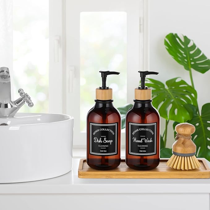 Zopeal 4 Pcs Kitchen Soap Dispenser Set with Bamboo Tray and Dish Brush Plastic Soap Dispenser Set with Waterproof Labels for Hand Dish Lotion(Brown)