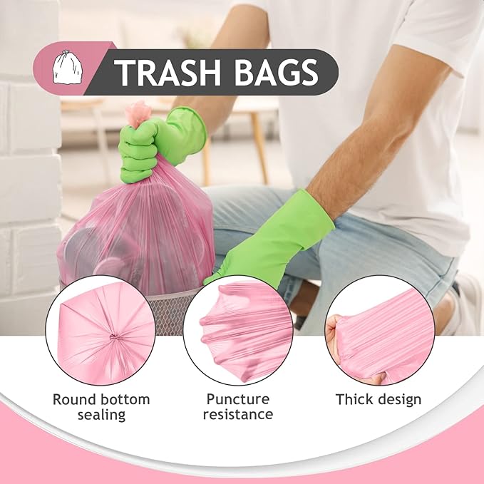 Teivio 2 Gallon 180 Counts Strong Trash Bags Garbage Bags, Bathroom Trash Can Bin Liners, Plastic Bags for home office kitchen, Pink