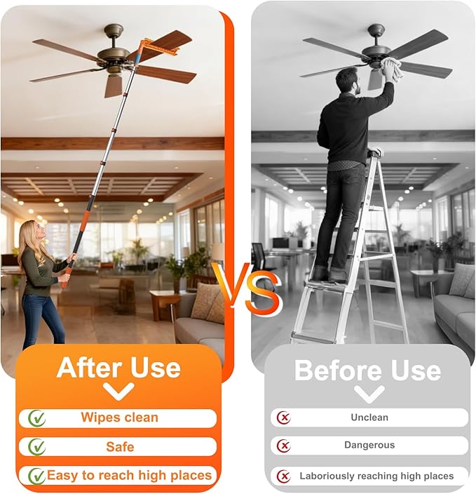 LAANPOLE 36FT Reach Ceiling Fan Cleaner Duster, Fan Blade Cleaner Kit with 7-30FT Extension Pole, Microfiber Duster & Replaceable Cleaning Cloth for Blades, Ceiling, Furniture