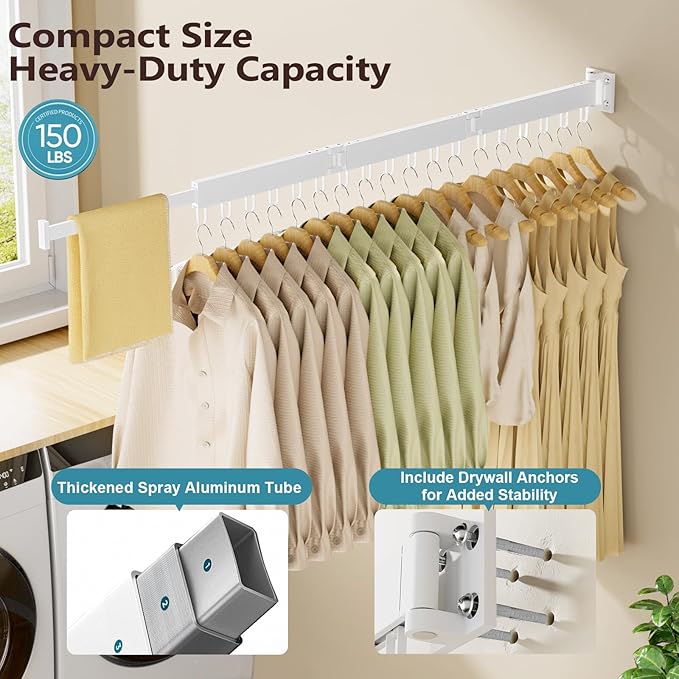 JAUREE Clothes Drying Rack Wall Mounted, Space-Saving Drying Rack Clothing, Collapsible Foldable Retractable Laundry Rack with 18 Hooks, Indoor/Outdoor, White