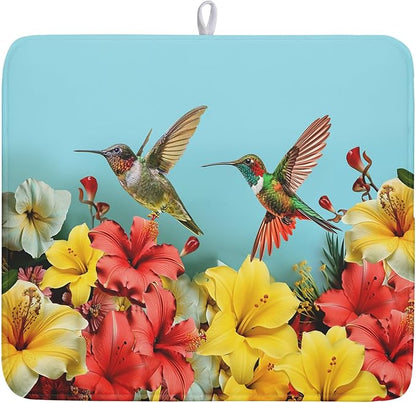 Kawani Spring Hummingbirds Floral Dish Drying Mat for Kitchen Counter 16x18 In Spring Hibiscus Tropical Drying Mat Fast Dry Absorbent Microfiber Dish Drainer Rack Pad Flower Mat for Countertop Decor
