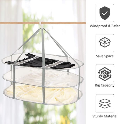 AUTODECO 3-Tier Folding Mesh Clothes Hanging Dryer, Sweater Drying Rack, Large Laundry Drying Rack, Lay fold Flat Dry Hanger, Mesh Clothes Hanging Dryer - XL(3Tier)