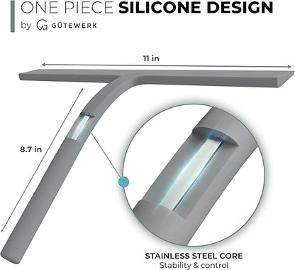 GÜTEWERK Silicone Shower Squeegee for Glass Doors & Mirrors with Stainless Steel Core, Streak-Free & No-Squeak Window Cleaning, 3-in-1 No-Drill Mount (Hook/Suction/Adhesive),Gray, 11 Inches