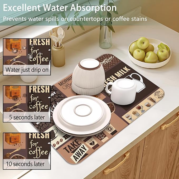 Dish Drying Mat for Kitchen Counter 2 Pack with Non-Slip Rubber Backing - Heat-Resistant Absorbent Coffee Bar Mat, Dish Rack Mat, Coffee Dish Drying Mats 18x24+19.5x12 inch