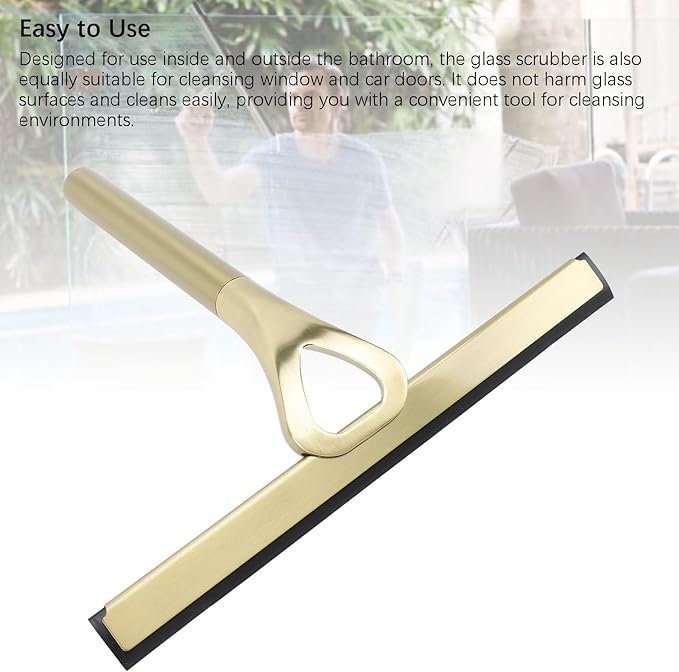 CHICIRIS 304 Stainless Steel Shower Squeegee, All Purpose Bathroom Cleaner Tool for Shower Glass Door Tile Wall Mirror Car, with Silicone Wiper and Suction Cup Hook (Gold)