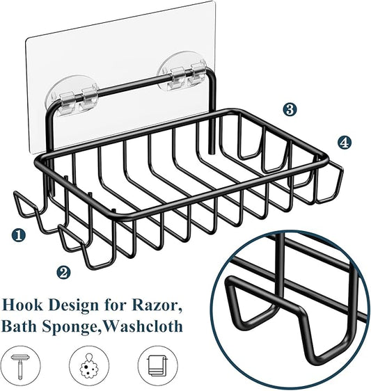 Nieifi Soap Dish,Bar Soap Holder for Shower Wall with 4 Hooks Stainless Steel Adhesive Soap Dish for Bathroom Shower Razor Holder (Black)
