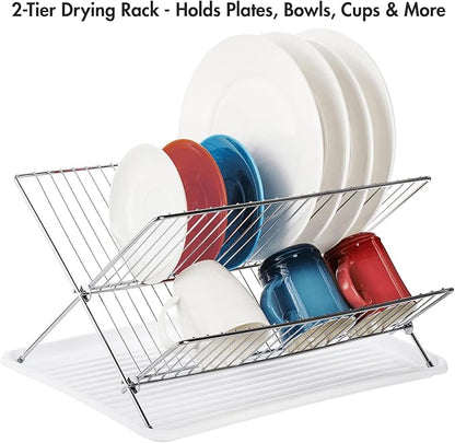 Youeon Foldable Dish Drying Rack with Drip Tray, Stainless Steel 2 Tier Dish Drainer Rack, Collapsible Dish Drainer, Folding Dish Rack for Kitchen Sink, Countertop, Cutlery, Plates, Dishes