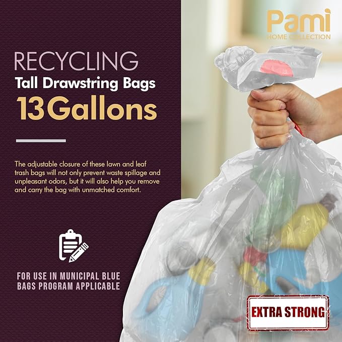 PAMI Recycling Tall Kitchen Drawstring Trash Bags- Extra-Strong Plastic Garbage Bags- Thick Trash Can Liners For Kitchen & Outdoor Bins- 2ft x2ft Unscented Trash Bags (13 Gallon – 60 Count – Clear)