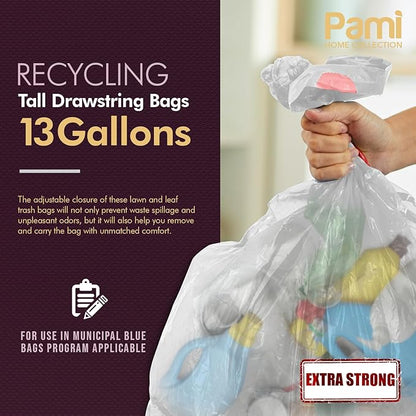 PAMI Recycling Tall Kitchen Drawstring Trash Bags- Extra-Strong Plastic Garbage Bags- Thick Trash Can Liners For Kitchen & Outdoor Bins- 2ft x2ft Unscented Trash Bags (13 Gallon – 60 Count – Clear)